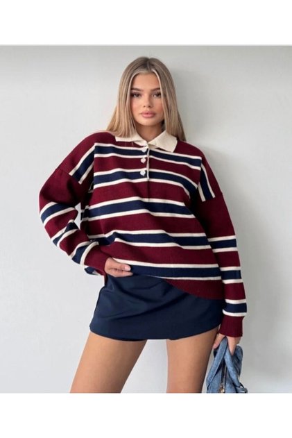 Women Striped Polo Neck Oversized Knitwear Sweater