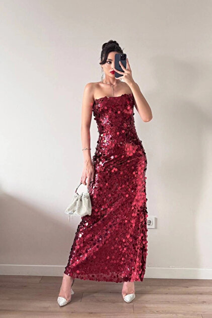 Eka Women's Red Strapless Sequin Dress 1041-2719- Trendyol Eka Women's Red Strapless Sequin Dress 1041-2719- Trendyol