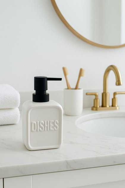 Purematte White “Dishes” Pump Detergent Bottle – Matte Modern Kitchen Liquid Soap Dispenser |   350 ml