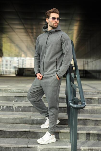 Anthracite Men's Hooded Zippered Men's Tracksuit Set E7343