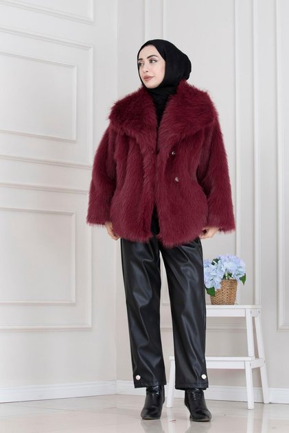 Shawl Collar Velcro Faux Fur-Burgundy