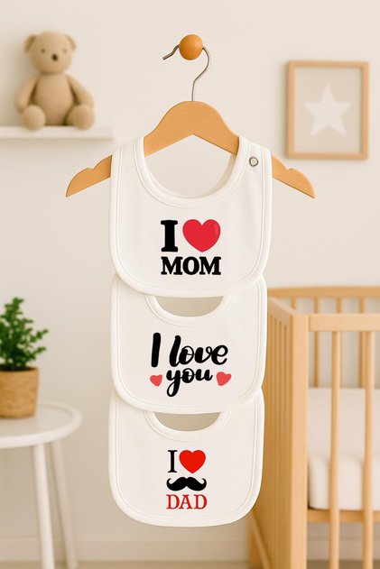 100% Cotton Combed Cotton Double Layered 3-Piece Mother and Father Patterned Baby Bib