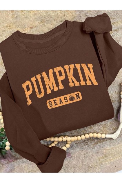 Women's Brown Pumpkin Season Printed Crew Neck Oversized Sweatshirt