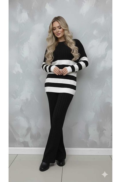 Women's Striped Stand-Up Collar Tunic Pants Set