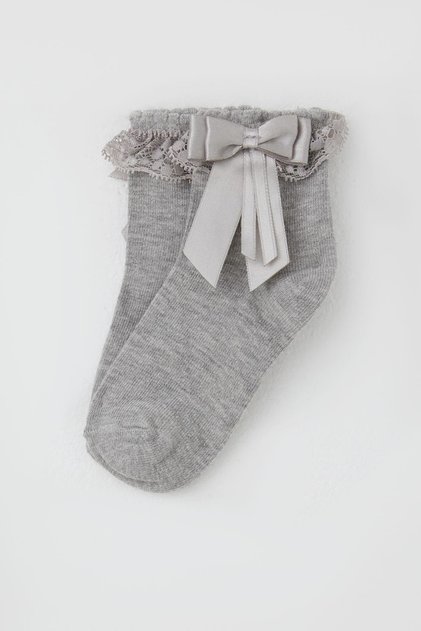 Girl's Socks with Lace Bow Detail, Ages 3-12, Gray Melange