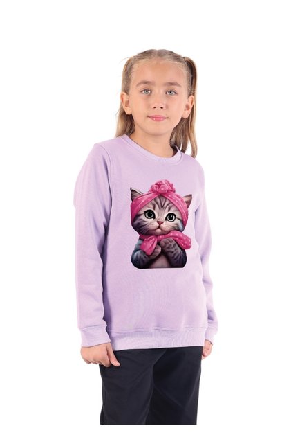 Girl's Sweatshirt Cute Cat Printed Crew Neck 3-Thread Fleece-Lined 5-10 Years Old Lilac