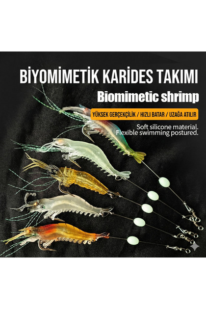 5’li Hazır Takım Silikon Karides Yemi Seti | Fosforlu Boncuklu & Çelik İğneli Biyomimetik Suni Yem