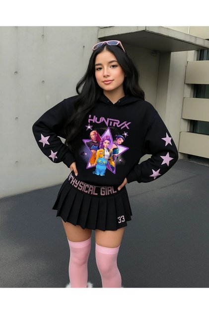 Black Demon Hunters Detail Printed Hooded Sweatshirt