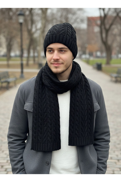Men's Wool Winter Knitted Beanie Scarf Two-Piece Set