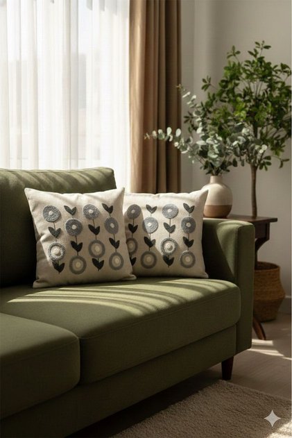 Punch Embroidered Modern Design Decorative 2-Piece Throw Pillow Cover Embroidered Linen 43X43 cm