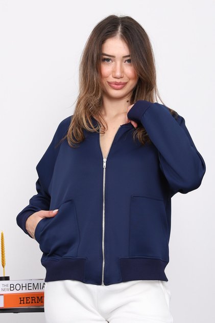 Navy Blue Zippered Scuba Short Jacket