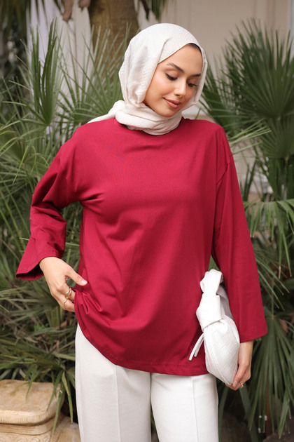 Burgundy Crew Neck Oversized Sleeve Thin Combed Cotton Sweat