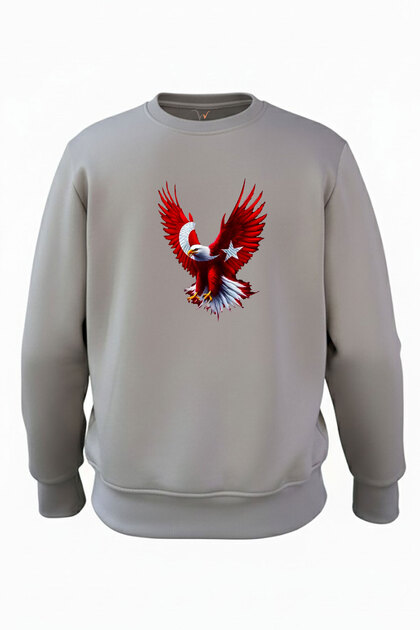 Turkey Crescent Star Flag Eagle Printed 100% Cotton Regular Fit Crew Neck Fleece-Lined Sweatshirt