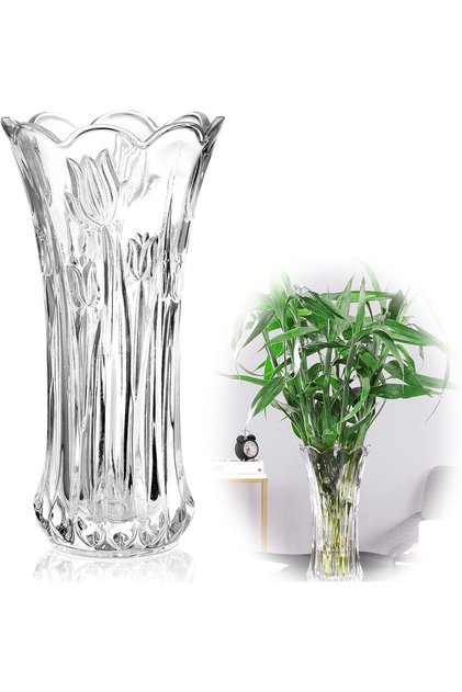 9.5 in Clear Glass Flower Vase, Etched Tulip Design