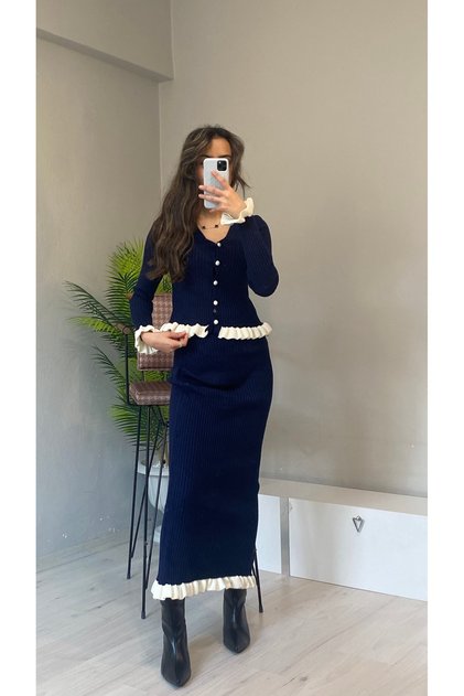 Kadın Lacivert fitilli fırfır detaylı etek bluz Zarif triko takım S beden