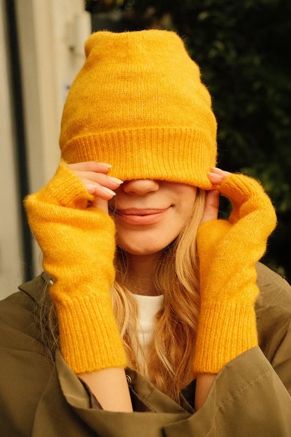 Women's Knitwear Beanie and Gloves Two-Piece Set Yellow 26W5005