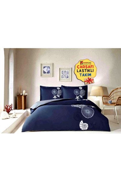 (Bereket Dowery) Single Duvet Cover Set with Elasticated Sheets Corallıno Navy Blue