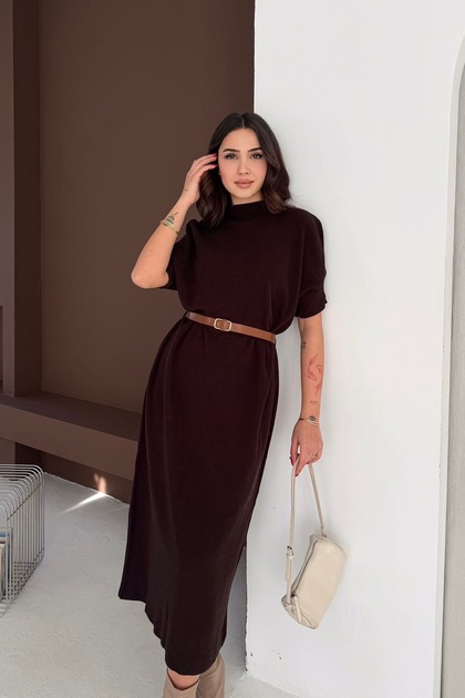 Maxi Boy Dik Yaka Kemerli Triko Elbise AW25EL0027