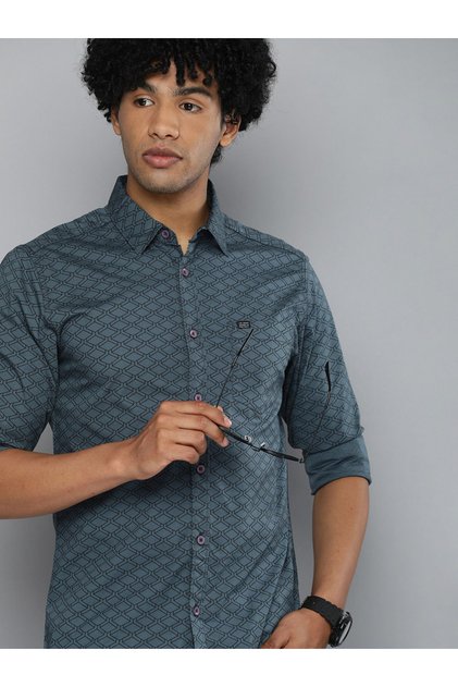 Men Charcoal Printed Spread Collar Shirt