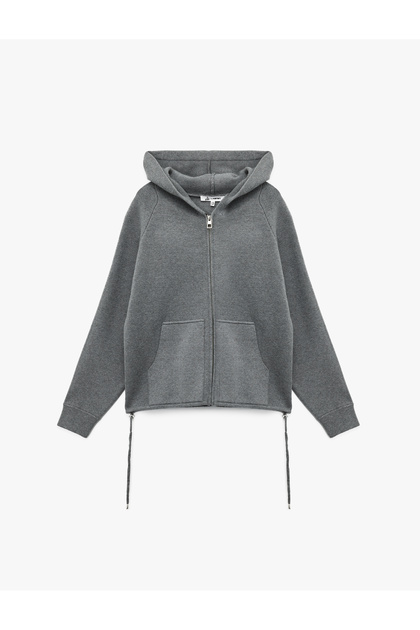 Oversized Long-Sleeve Pocket Detail Hooded Zip-Up Knit Cardigan