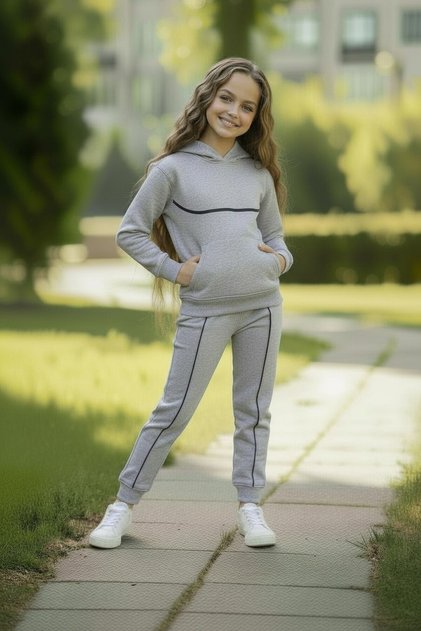 Double Yarn Girls' Hooded Top and Bottom Tracksuit Set, 100% Cotton