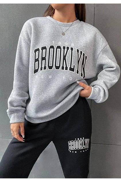 طقم بدلة رياضية 1898 Brooklyn Black Jogger Grey من الأسفل وأعلى طقم رياضي برقبة دائرية كبيرة الحجم