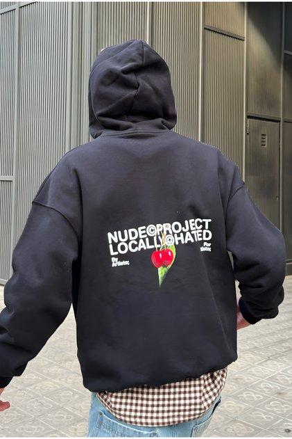 Nude Project Hated Cherry Unisex Oversized Black Cotton K Hooded Printed Sweatshirt Hoodie