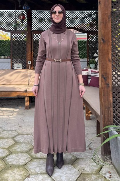 Unique Belted Knit Dress Milk Coffee