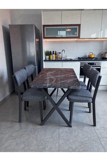 70 x 110 Masa Elma Sandalye Takımı, 4 Kişilik Masa Takımı Siyah Mermer
