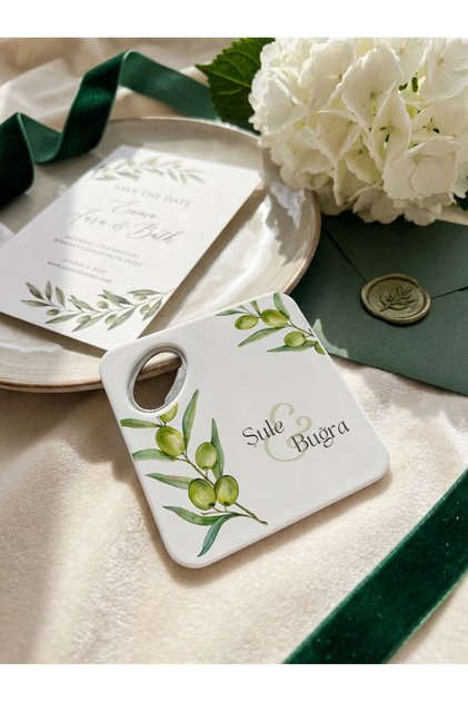 Zeytin dallı tasarım kişiye özel magnet açacak & bardak altlığı, söz-nişan 20 adet