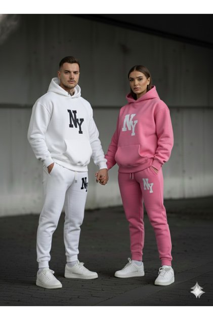 3 İplik Winter Ny B Printed Bottom and Top Set Couple Combination – Unisex Tracksuit Set