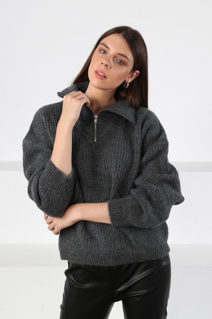 Anthracite Zippered Half Turtleneck Oversized Women's Knitwear Sweater