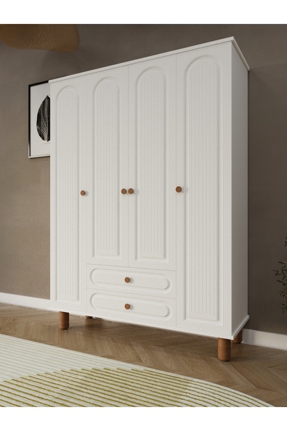 Umon Design Bohem 4 Kapaklı 2 Çekmeceli Askılı Gardırop Geniş Elbise Dolabı MDF KAPAK
