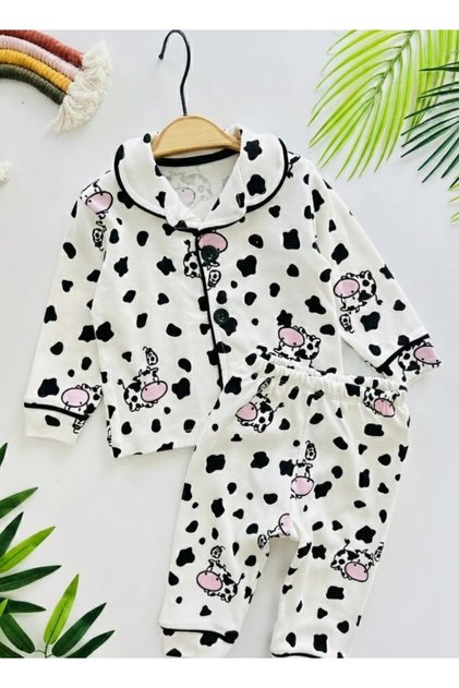 100% Cotton Cow B Printed K Double-Breasted Collar Baby Pajama Set