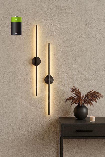 2 Li 50 cm Ortadan Taslı Pilli Aplik Günışığı Led Siyah Kasa Pil Dahil, Dekoratif Duvar Lambası