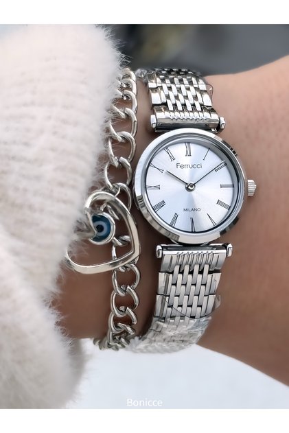 Women's Watch, Silver Steel Band, Mini Case, Roman Numerals, Comes in a Stylish Gift Box with Bracelet Gift