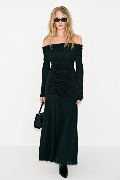 GRIMELANGE Brillante Women's Off-The-Shoulder Bottom Hem Double-Layered  Mesh Detailed Drawstring Long Sleeve Black Dress- Trendyol