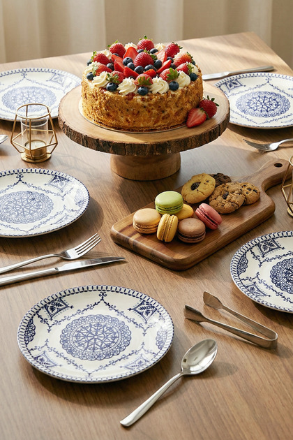 Mavi Beyaz Çini Desenli 6'lı Pasta Tabağı Seti (20 CM) - Pasta ve Tatlı Tabak Vintage Sunum Tabağı
