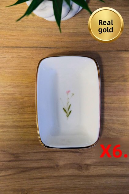 Tabak Evi Porcelain Natura Broadcloth Gold Gilded Rectangular Boat Plate 12X8,50Cm Set of 6