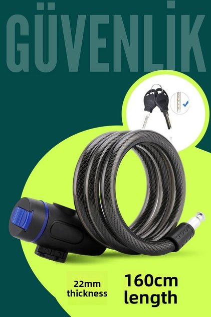 22mm Steel Wire Bicycle Lock - 160cm Scoooter Motorcycle Lock with Key 722486