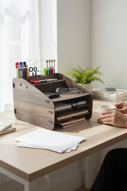 Paperwork Rack Desktop Medium Organizer Walnut Patterned 3mm Mdf