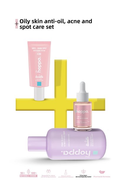 Hoppa Oil Control, Anti-Acne and Anti-Blemish Care Set for Oily Skin, Toner + Serum + Blemish Cream Spf30