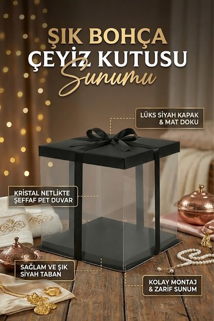 Luxury Boxes Siyah Şeffaf Bohça Kutusu (33.5x33.5x26 cm) – Damat Bohçası ve Hediye Kutusu İçin Şık