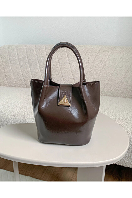 Women's Bitter Brown Bucket Model Mini Leather Hand and Shoulder Bag with Puppy Inside