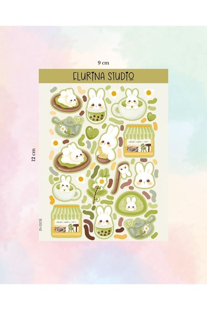Kawaii Matcha Bunny Sticker Sayfası BEYAZ KAĞIT