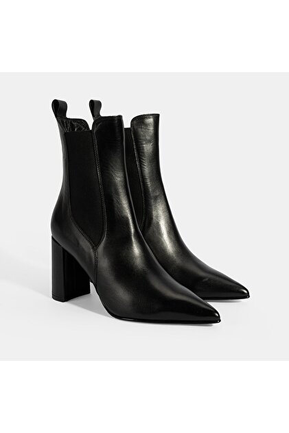 Women's Black Elastic Pointed Toe Heeled Leather Boots