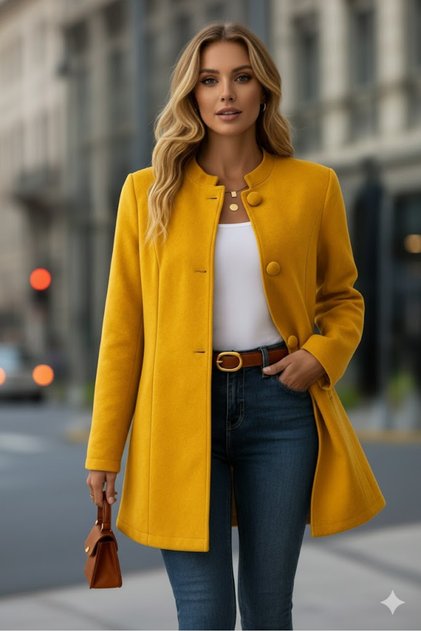 Women's Short Cashmere Coat with Notched Collar, Front Buttons, and Pockets – Stylish and Timeless Design