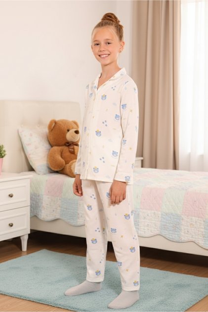 Girl's Blue Teddy Bear Pattern Aerobin Fabric Pajama Set – Stylish and Soft