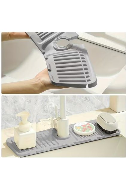 Musluk Matı Su Tutucu Düzenleyici Kaydırmaz Taban Organizer Mutfak Banyo Lavabo Gri