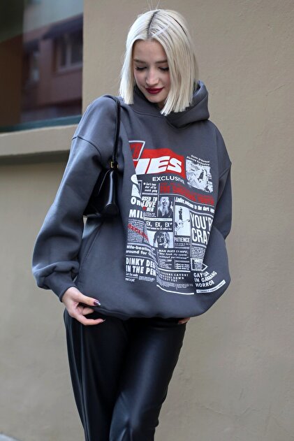 MISBHV レディース　長袖 Madmext Antrasit Baskılı Oversize Kapüşonlu Kadın Sweatshirt